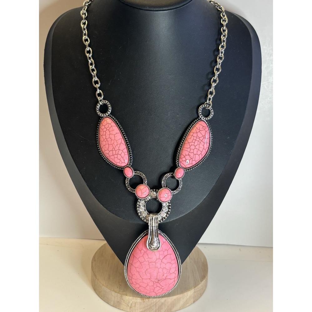 Pink Dyed Howlite Rhinestone Statement Bib Necklace Silver Tone 22"